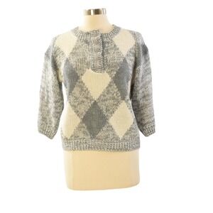 70s Vintage Gray Argyle Henley Sweater Womens M Cropped Knit Bracelet Sleeve
